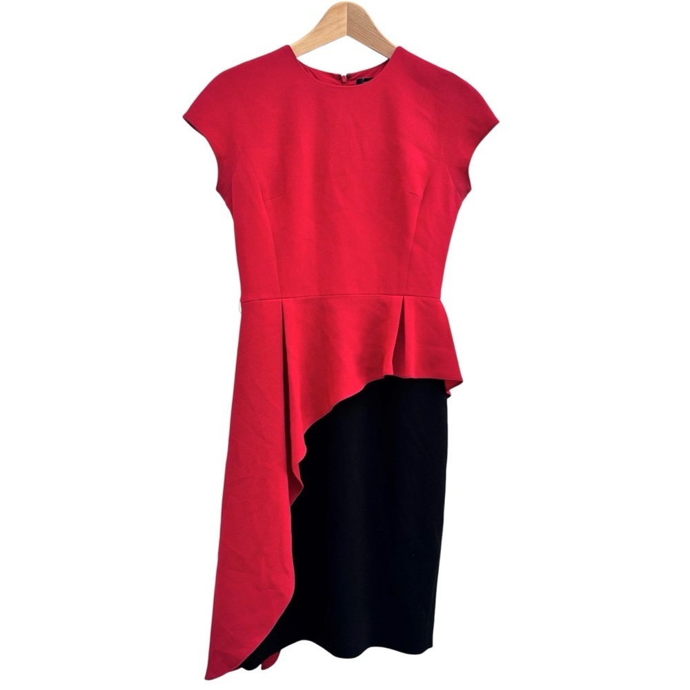 Rickie Freeman Teri John Colorblock Asymmetric Peplum Dress Cherry Red Black 4